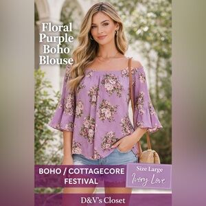Floral Purple Boho Blouse Women’s Size L | Flowy Peasant Top